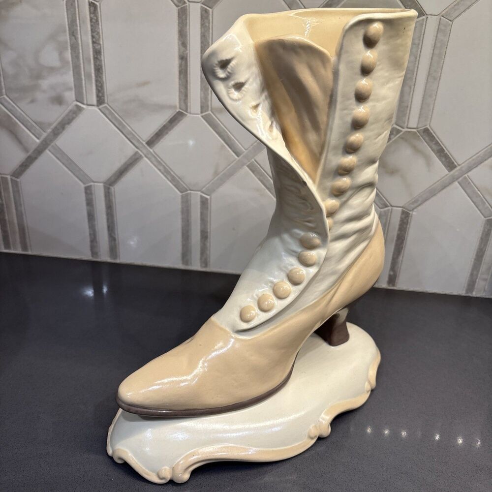 Vintage Atlantic Mold Ceramic Victorian High Top Button Boot Shoe Vase Planter
